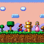 **Pixel art Super Mario:** Classic, bright, and cheerful Super Mario Bros. pixel art scene.