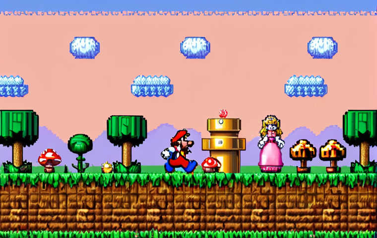 **Pixel art Super Mario:** Classic, bright, and cheerful Super Mario Bros. pixel art scene.